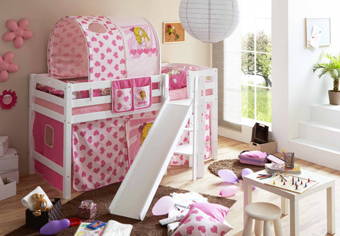 Hochbett mit Rutsche Podestbett Tino Buche massiv Weiss teilbar