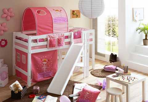 Hochbett mit Rutsche Podestbett Tino Buche massiv Weiss teilbar