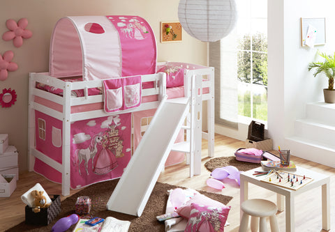 Hochbett mit Rutsche Podestbett Tino Buche massiv Weiss teilbar