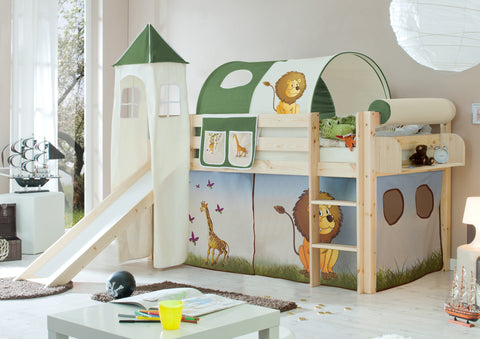 Hochbett mit Rutsche und Turm Spielbett Kasper Kiefer massiv Natur