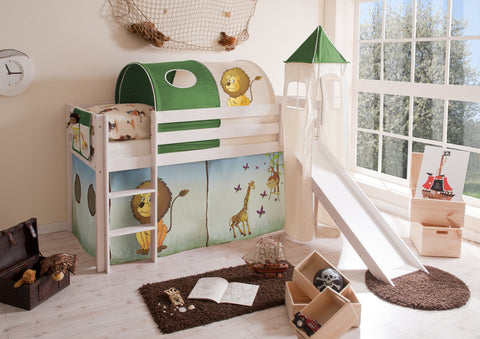 Hochbett mit Rutsche und Turm Spielbett Kasper Kiefer massiv Weiss