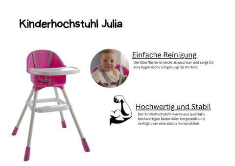 Kinderhochstuhl Julia - Rosa Kunststoffgestell mit Klicksystem und integrierten Haltegurten