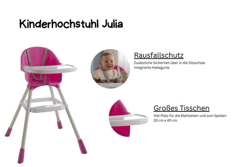 Kinderhochstuhl Julia - Rosa Kunststoffgestell mit Klicksystem und integrierten Haltegurten