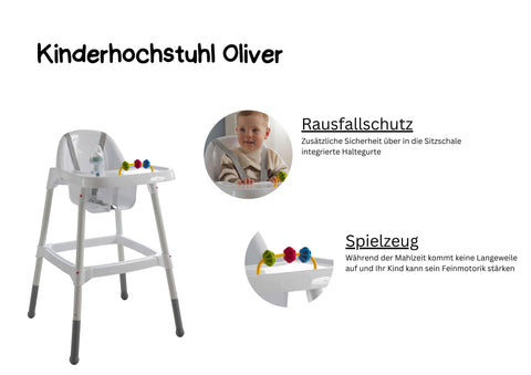 Kinderhochstuhl Oliver Weiß Esstischen mit Spielzeug Haltegurt Höhe Tischplatte 75 cm
