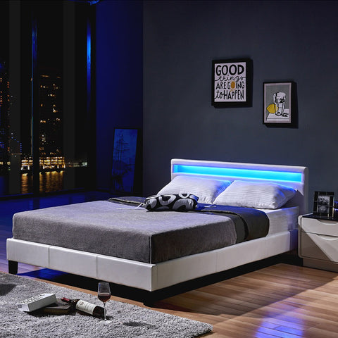 Doppelbett Ehebett inkl. LED Beleuchtung und Lattenrost 140 x 200 cm Weiss