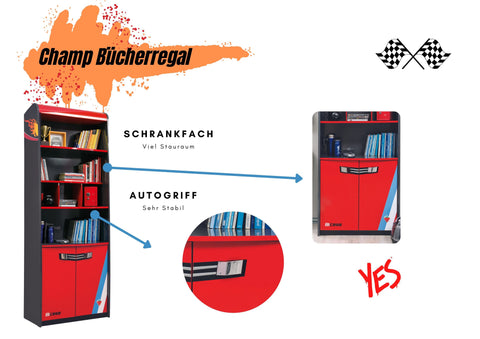 Cilek Bücherregal Champ in Rot mit vier Böden und Schrank