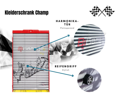 Cilek Kleiderschrank Champ 3-türig in Rot mit Harmonika-Tür Kinderkleiderschrank