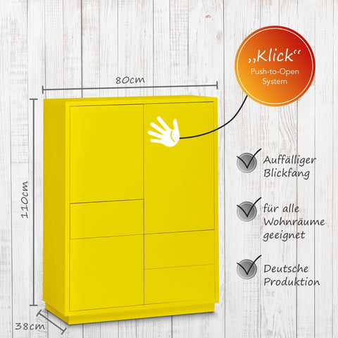 Highboard-Kommode Eyecatcher - Sideboard Anrichte mit Push-To-Open System, 3 Schubkästen und 3 Türen - Wohnzimmer-Möbel