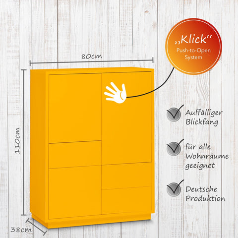Highboard-Kommode Eyecatcher - Sideboard Anrichte mit Push-To-Open System, 3 Schubkästen und 3 Türen - Wohnzimmer-Möbel