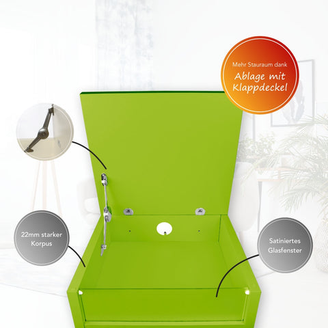 Kommode mit 4 Schubkästen, Klapp-Deckel & Dokumenten-Ablage mit Glasfenster - Schubladen-Turm - Push-To-Open Sideboard