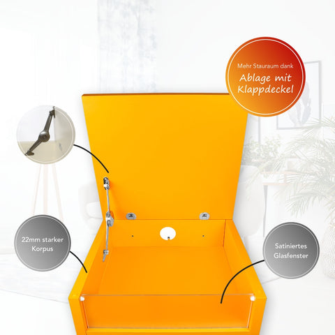 Kommode mit 4 Schubkästen, Klapp-Deckel & Dokumenten-Ablage mit Glasfenster - Schubladen-Turm - Push-To-Open Sideboard