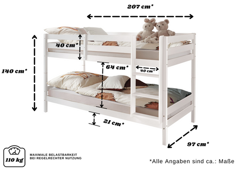 Etagenbett Doppelbett für Kinder 90x200 Kiefer massiv Weiss nach DIN Norm