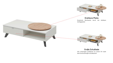 Couchtisch Liam Schublade Wohnzimmertisch Sofatisch Kaffeetisch inkl. drehbarer Oberplatte