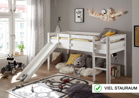 AILEENSTORE Hochbett mit Rutsche Turm Rutschbett Mädchen Junge Spielbett Vorhang Kiefer Weiss 90x200