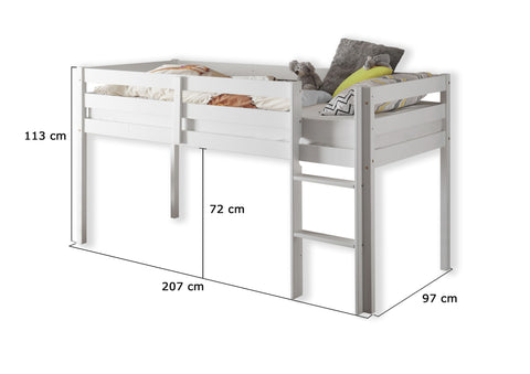 Hochbett Kinderbett Mädchen Junge Spielbett Vorhang Massivholz Kiefer Weiss 90x200