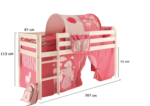 Hochbett Kinderbett Mädchen Junge Spielbett Vorhang Massivholz Kiefer Weiss 90x200