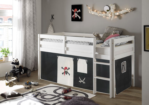 Hochbett Kinderbett Mädchen Junge Spielbett Vorhang Massivholz Kiefer Weiss 90x200