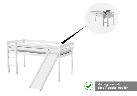 AILEENSTORE Hochbett mit Rutsche Turm Rutschbett Mädchen Junge Spielbett Vorhang Kiefer Weiss 90x200