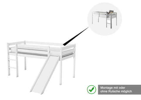 AILEENSTORE Hochbett mit Rutsche Turm Rutschbett Mädchen Junge Spielbett Vorhang Kiefer Weiss 90x200