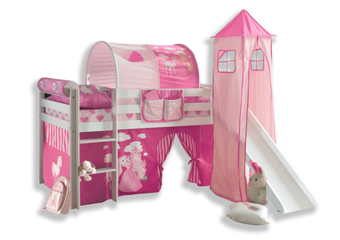 AILEENSTORE Hochbett mit Rutsche Turm Rutschbett Mädchen Junge Spielbett Vorhang Kiefer Weiss 90x200