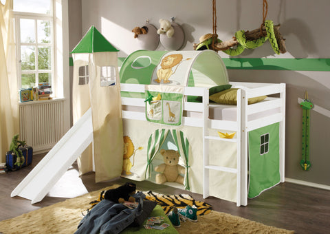 AILEENSTORE Hochbett mit Rutsche Turm Rutschbett Mädchen Junge Spielbett Vorhang Kiefer Weiss 90x200