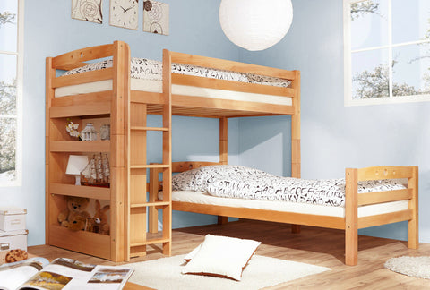 L-Bett mit Regal Etagenbett Kinderbett Buche massiv Natur