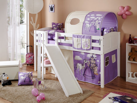 Hochbett Kinderbett mit Rutsche Podestbett Ekki Kiefer massiv Weiss