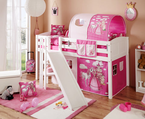 Hochbett Kinderbett mit Rutsche Podestbett Ekki Kiefer massiv Weiss