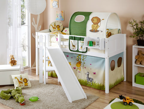 Hochbett Kinderbett mit Rutsche Podestbett Ekki Kiefer massiv Weiss