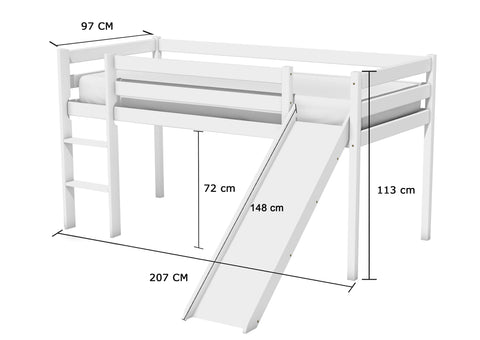 AILEENSTORE Hochbett mit Rutsche Turm Rutschbett Mädchen Junge Spielbett Vorhang Kiefer Weiss 90x200