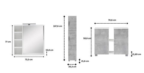 W.Schildmeyer Badmöbel-Set Badezimmer 3-teilig inkl. Spiegelschrank LED-Beleuchtung