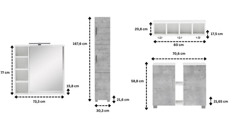 W.Schildmeyer Badmöbel-Set Badezimmer 4-teilig inkl. Spiegelschrank LED-Beleuchtung