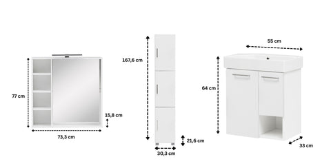 W.Schildmeyer Badmöbel-Set Gästebadezimmer 3-teilig inkl. Spiegelschrank LED-Beleuchtung