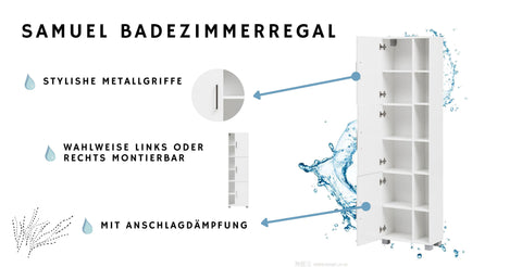 W.Schildmeyer Badmöbel Badezimmerregal Samuel mit 3 Schranktüren, offenen Ablagefächern und Metallgriffen