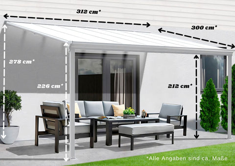 Terrassenüberdachung Sky Guard Aluminium 312 cm als Bausatz Sichtschienen und Hohlkammerplatten Weiß