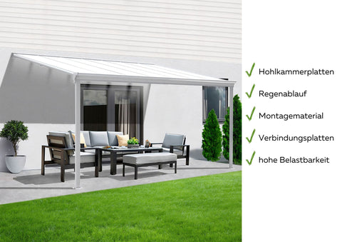 Terrassenüberdachung Sky Guard Aluminium 312 cm als Bausatz Sichtschienen und Hohlkammerplatten Weiß