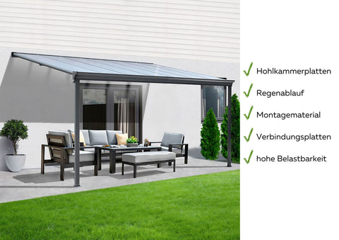 Terrassenüberdachung Sky Guard Aluminium 312 cm als Bausatz Sichtschienen und Hohlkammerplatten Grau