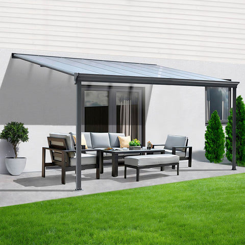 Terrassenüberdachung Sky Guard Aluminium 312 cm als Bausatz Sichtschienen und Hohlkammerplatten Grau