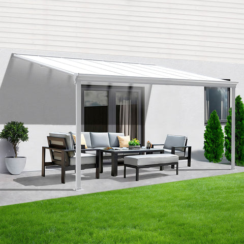 Terrassenüberdachung Sky Guard Aluminium 312 cm als Bausatz Sichtschienen und Hohlkammerplatten Weiß