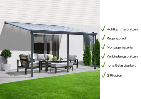 Terrassenüberdachung Sky Guard Aluminium 434 cm als Bausatz Sichtschienen und Hohlkammerplatten Grau