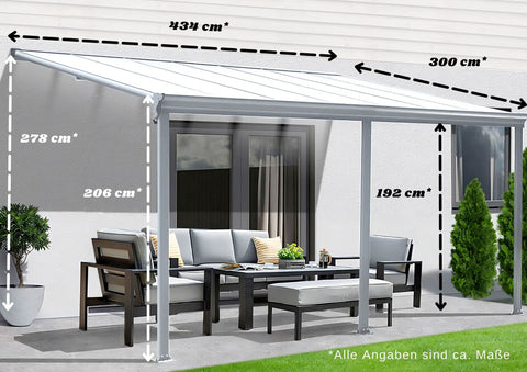 Terrassenüberdachung Sky Guard Aluminium 434 cm als Bausatz Sichtschienen und Hohlkammerplatten Grau