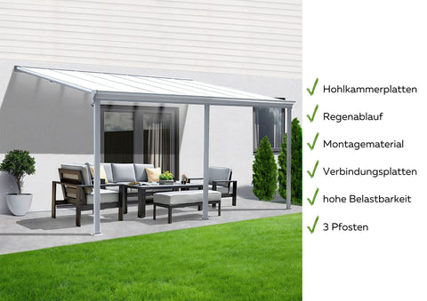 Terrassenüberdachung Sky Guard Aluminium 434 cm als Bausatz Sichtschienen und Hohlkammerplatten Weiß