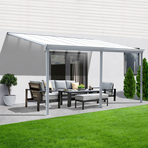 Terrassenüberdachung Sky Guard Aluminium 434 cm als Bausatz Sichtschienen und Hohlkammerplatten Weiß