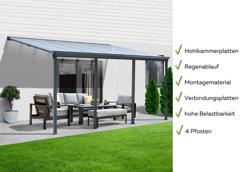 Terrassenüberdachung Sky Guard Aluminium 618 cm als Bausatz Sichtschienen und Hohlkammerplatten Grau