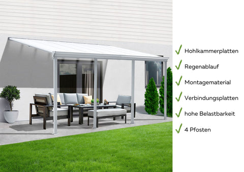 Terrassenüberdachung Sky Guard Aluminium 618 cm als Bausatz Sichtschienen und Hohlkammerplatten Weiß