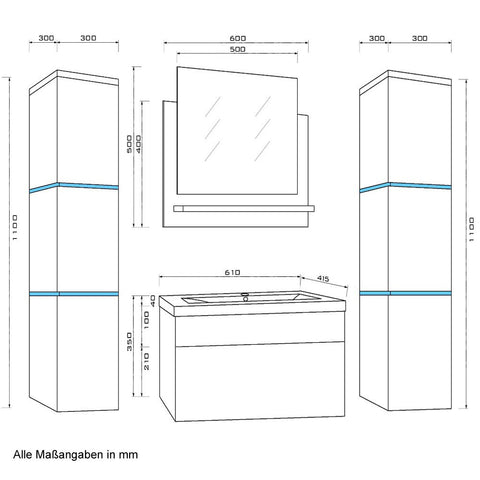 5 teiliges Waschplatz Badmöbel Komplettset inkl. LED Beleuchtung hochglanz Weiss