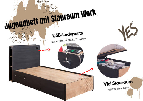 Cilek Jugendbett mit Stauraum Work inkl. Regal Schwarz USB-Ladestation Kinderzimmer Jugendzimmer