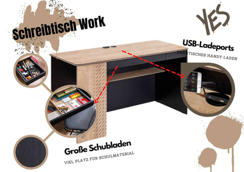 Cilek Schreibtisch Work Arbeitsplatz USB-Steckplätze Soft-Close Kinderschreibtisch Jugendschreibtisch