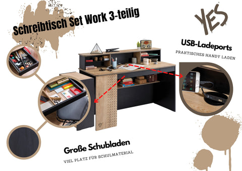 Cilek Schreibtisch Set Work 3-teilig USB-Steckplätze Soft-Close Kinderschreibtisch Jugendschreibtisch