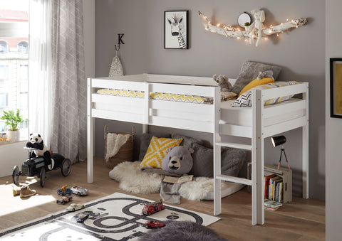 Hochbett inkl. Matratze Rollrost Kinderbett Mädchen Junge Spielbett Kiefer Weiss 90x200